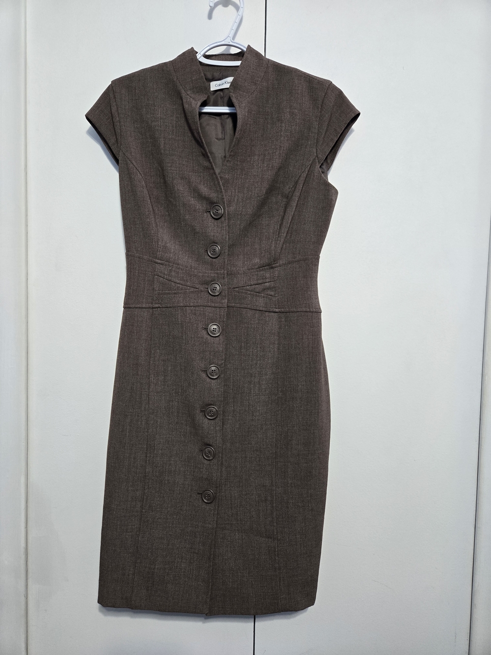 Calvin Klein Brown Button Front Sheath Dress Cap Sleeve Career Size S Approx